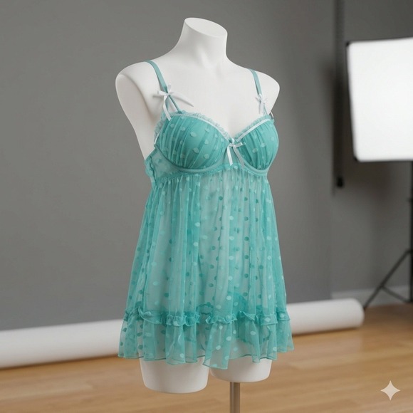 Other - Babydoll Pastel Goth Chemise Soft Girl Womens L Teal Polka Dot Mesh Ruffle Bows